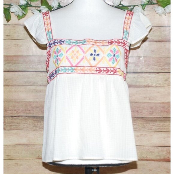 Blu Pepper Cream Colorful Embroidered Blouse Top Ruffle Sleeves Size L Babydoll - Picture 1 of 9